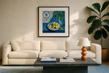 Feeling Blue by Morgan Birch. Displayed in a glass frame with matte in a clean modern living room. Available as an archival giclee rolled canvas, fine art paper, or poster print. SKU 103335a.