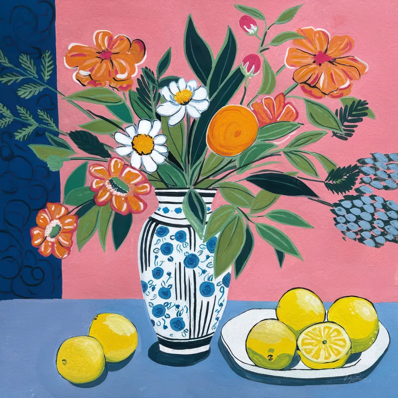 Flower Still Life With Lemons by Morgan Birch. SKU 104011a. Archival Giclee Fine art print for wall decor.