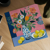 Flower Still Life With Lemons by Morgan Birch. Shown as a detailed flat fine art print, highlighting archival giclee quality. Available as an archival giclee rolled canvas, fine art paper, or poster print. SKU 104011a.