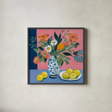 Flower Still Life With Lemons by Morgan Birch. Shown in a sleek black glass frame for a contemporary gallery look. Available as an archival giclee rolled canvas, fine art paper, or poster print. SKU 104011a.