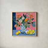 Flower Still Life With Lemons by Morgan Birch. Shown in a natural wood glass frame for a timeless modern aesthetic. Available as an archival giclee rolled canvas, fine art paper, or poster print. SKU 104011a.
