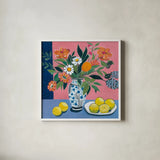Flower Still Life With Lemons by Morgan Birch. Shown in a crisp white glass frame for a clean and minimalist style. Available as an archival giclee rolled canvas, fine art paper, or poster print. SKU 104011a.