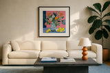 Flower Still Life With Lemons by Morgan Birch. Displayed in a glass frame with matte in a clean modern living room. Available as an archival giclee rolled canvas, fine art paper, or poster print. SKU 104011a.