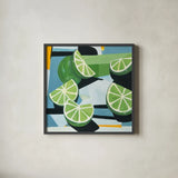 Fresh Cut Limes by Morgan Birch. Shown in a sleek black glass frame for a contemporary gallery look. Available as an archival giclee rolled canvas, fine art paper, or poster print. SKU 104055a.