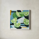 Fresh Cut Limes by Morgan Birch. Shown in a crisp white glass frame for a clean and minimalist style. Available as an archival giclee rolled canvas, fine art paper, or poster print. SKU 104055a.