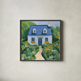 Full Bloom Cottage I by Morgan Birch. Shown in a sleek black glass frame for a contemporary gallery look. Available as an archival giclee rolled canvas, fine art paper, or poster print. SKU 103121a.