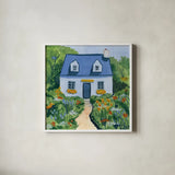 Full Bloom Cottage I by Morgan Birch. Shown in a crisp white glass frame for a clean and minimalist style. Available as an archival giclee rolled canvas, fine art paper, or poster print. SKU 103121a.