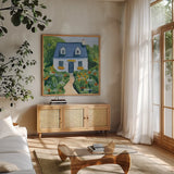 Full Bloom Cottage I by Morgan Birch. Shown in a natural wood frame in a cozy modern living room. Available as an archival giclee rolled canvas, fine art paper, or poster print. SKU 103121a.