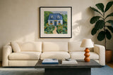 Full Bloom Cottage I by Morgan Birch. Displayed in a glass frame with matte in a clean modern living room. Available as an archival giclee rolled canvas, fine art paper, or poster print. SKU 103121a.