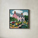 Full Bloom Cottage II by Morgan Birch. Shown in a sleek black glass frame for a contemporary gallery look. Available as an archival giclee rolled canvas, fine art paper, or poster print. SKU 103122a.