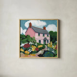 Full Bloom Cottage II by Morgan Birch. Shown in a natural wood glass frame for a timeless modern aesthetic. Available as an archival giclee rolled canvas, fine art paper, or poster print. SKU 103122a.