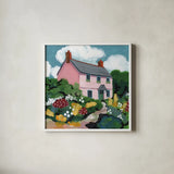Full Bloom Cottage II by Morgan Birch. Shown in a crisp white glass frame for a clean and minimalist style. Available as an archival giclee rolled canvas, fine art paper, or poster print. SKU 103122a.
