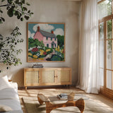 Full Bloom Cottage II by Morgan Birch. Shown in a natural wood frame in a cozy modern living room. Available as an archival giclee rolled canvas, fine art paper, or poster print. SKU 103122a.
