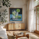 Gin and Tonic by Morgan Birch. Shown in a natural wood frame in a cozy modern living room. Available as an archival giclee rolled canvas, fine art paper, or poster print. SKU 103541a.