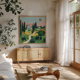 Italian Villa by Morgan Birch. Shown in a natural wood frame in a cozy modern living room. Available as an archival giclee rolled canvas, fine art paper, or poster print. SKU 103143a.