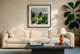 Italian Villa by Morgan Birch. Displayed in a glass frame with matte in a clean modern living room. Available as an archival giclee rolled canvas, fine art paper, or poster print. SKU 103143a.