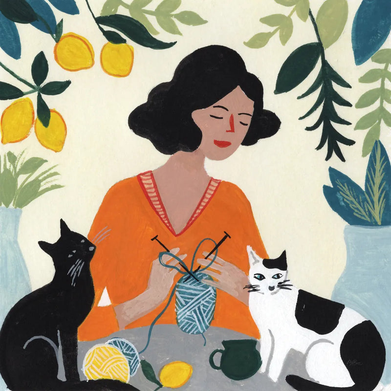 Knitting With Cats by Morgan Birch. SKU 103118a. Archival Giclee Fine art print for wall decor.