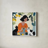 Knitting With Cats by Morgan Birch. Shown in a crisp white glass frame for a clean and minimalist style. Available as an archival giclee rolled canvas, fine art paper, or poster print. SKU 103118a.