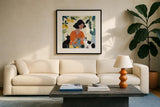 Knitting With Cats by Morgan Birch. Displayed in a glass frame with matte in a clean modern living room. Available as an archival giclee rolled canvas, fine art paper, or poster print. SKU 103118a.