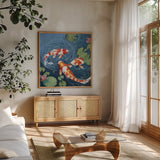 Koi Fish by Morgan Birch. Shown in a natural wood frame in a cozy modern living room. Available as an archival giclee rolled canvas, fine art paper, or poster print. SKU 103542a.