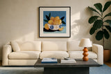 Lifes Bowl of Lemons by Morgan Birch. Displayed in a glass frame with matte in a clean modern living room. Available as an archival giclee rolled canvas, fine art paper, or poster print. SKU 103133a.