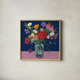 Mixed Summer Bouquet by Morgan Birch. Shown in a natural wood glass frame for a timeless modern aesthetic. Available as an archival giclee rolled canvas, fine art paper, or poster print. SKU 103139a.