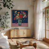 Mixed Summer Bouquet by Morgan Birch. Shown in a natural wood frame in a cozy modern living room. Available as an archival giclee rolled canvas, fine art paper, or poster print. SKU 103139a.