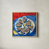 Oysters by Morgan Birch. Shown in a natural wood glass frame for a timeless modern aesthetic. Available as an archival giclee rolled canvas, fine art paper, or poster print. SKU 103338a.