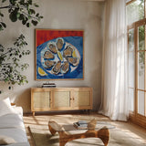 Oysters by Morgan Birch. Shown in a natural wood frame in a cozy modern living room. Available as an archival giclee rolled canvas, fine art paper, or poster print. SKU 103338a.