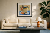 Pancake Day by Morgan Birch. Displayed in a glass frame with matte in a clean modern living room. Available as an archival giclee rolled canvas, fine art paper, or poster print. SKU 104010a.