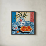 Peach Season by Morgan Birch. Shown in a sleek black glass frame for a contemporary gallery look. Available as an archival giclee rolled canvas, fine art paper, or poster print. SKU 104058a.