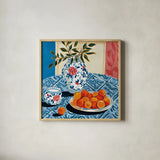 Peach Season by Morgan Birch. Shown in a natural wood glass frame for a timeless modern aesthetic. Available as an archival giclee rolled canvas, fine art paper, or poster print. SKU 104058a.