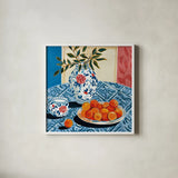 Peach Season by Morgan Birch. Shown in a crisp white glass frame for a clean and minimalist style. Available as an archival giclee rolled canvas, fine art paper, or poster print. SKU 104058a.