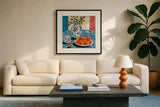 Peach Season by Morgan Birch. Displayed in a glass frame with matte in a clean modern living room. Available as an archival giclee rolled canvas, fine art paper, or poster print. SKU 104058a.