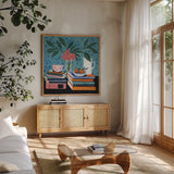 Perfect Afternoon Read by Morgan Birch. Shown in a natural wood frame in a cozy modern living room. Available as an archival giclee rolled canvas, fine art paper, or poster print. SKU 103119a.