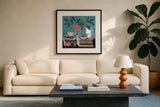 Perfect Afternoon Read by Morgan Birch. Displayed in a glass frame with matte in a clean modern living room. Available as an archival giclee rolled canvas, fine art paper, or poster print. SKU 103119a.