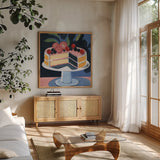 Perfect Little Cake by Morgan Birch. Shown in a natural wood frame in a cozy modern living room. Available as an archival giclee rolled canvas, fine art paper, or poster print. SKU 103134a.