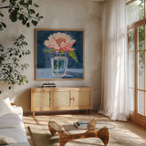 Single Perfect Flower by Morgan Birch. Shown in a natural wood frame in a cozy modern living room. Available as an archival giclee rolled canvas, fine art paper, or poster print. SKU 103141a.