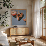 Sliced Apples Study by Morgan Birch. Shown in a natural wood frame in a cozy modern living room. Available as an archival giclee rolled canvas, fine art paper, or poster print. SKU 103131a.