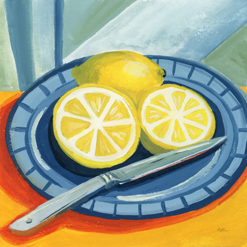 Sliced Lemons on Plates by Morgan Birch. SKU 103136a. Archival Giclee Fine art print for wall decor.