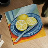 Sliced Lemons on Plates by Morgan Birch. Shown as a detailed flat fine art print, highlighting archival giclee quality. Available as an archival giclee rolled canvas, fine art paper, or poster print. SKU 103136a.