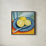 Sliced Lemons on Plates by Morgan Birch. Shown in a sleek black glass frame for a contemporary gallery look. Available as an archival giclee rolled canvas, fine art paper, or poster print. SKU 103136a.