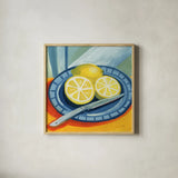 Sliced Lemons on Plates by Morgan Birch. Shown in a natural wood glass frame for a timeless modern aesthetic. Available as an archival giclee rolled canvas, fine art paper, or poster print. SKU 103136a.