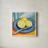 Sliced Lemons on Plates by Morgan Birch. Shown in a crisp white glass frame for a clean and minimalist style. Available as an archival giclee rolled canvas, fine art paper, or poster print. SKU 103136a.