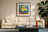 Sliced Lemons on Plates by Morgan Birch. Displayed in a glass frame with matte in a clean modern living room. Available as an archival giclee rolled canvas, fine art paper, or poster print. SKU 103136a.
