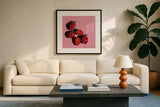 Sliced Tomatoes Study by Morgan Birch. Displayed in a glass frame with matte in a clean modern living room. Available as an archival giclee rolled canvas, fine art paper, or poster print. SKU 103132a.