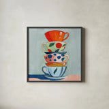 Stack of Teacups by Morgan Birch. Shown in a sleek black glass frame for a contemporary gallery look. Available as an archival giclee rolled canvas, fine art paper, or poster print. SKU 103116a.