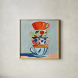 Stack of Teacups by Morgan Birch. Shown in a natural wood glass frame for a timeless modern aesthetic. Available as an archival giclee rolled canvas, fine art paper, or poster print. SKU 103116a.