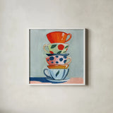Stack of Teacups by Morgan Birch. Shown in a crisp white glass frame for a clean and minimalist style. Available as an archival giclee rolled canvas, fine art paper, or poster print. SKU 103116a.
