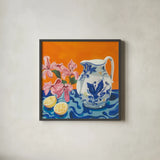Still Life With Pitcher by Morgan Birch. Shown in a sleek black glass frame for a contemporary gallery look. Available as an archival giclee rolled canvas, fine art paper, or poster print. SKU 104012a.